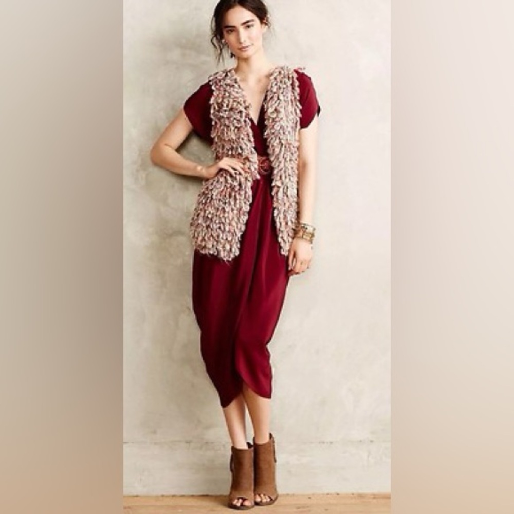 Anthro Boho Hand Knit by Dollie Shaggy Loop Sweater Vest in Taupe, Rust & Cream